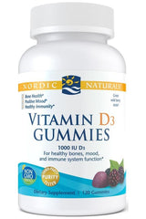 Nordic Naturals Vitamin D3 Gummies bottle for bone health, mood enhancement, and immune support with wild berry flavor.