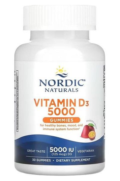 Nordic Naturals Vitamin D3 5000 Gummies for healthy bones and immune support, 30 count dietary supplement.