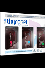 Norsa Pharma Thyroset dietary supplement packaging with three capsule bottles for thyroid health.