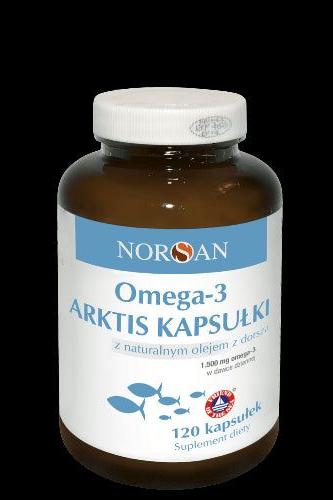Norsan Omega-3 Arktis gelkapslar med naturlig olja från arktisk torsk för hjärt- och hjärnhälsa.