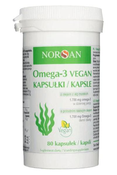 Norsan Omega-3 Vegan dietary supplement with algae oil, 80 capsules, promoting heart and brain health.
