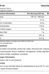 Nutrition label for Novo Nutrition Chocolate Protein Shake, detailing calories, protein, and ingredients for a 330 ml serving.