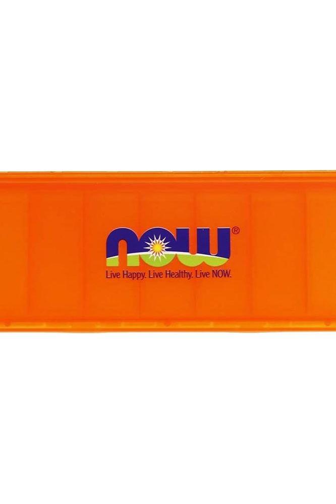 NOW Foods 7 Day Pill Case in bright orange, featuring seven deep compartments for daily pill organization.
