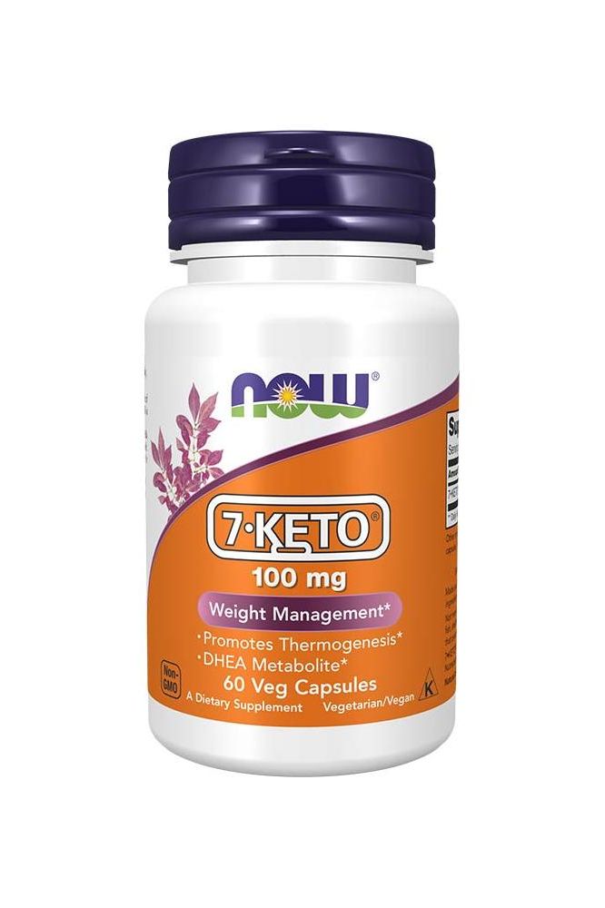 Now Foods 7-KETO 100 mg dietary supplement bottle for weight management and thermogenesis.