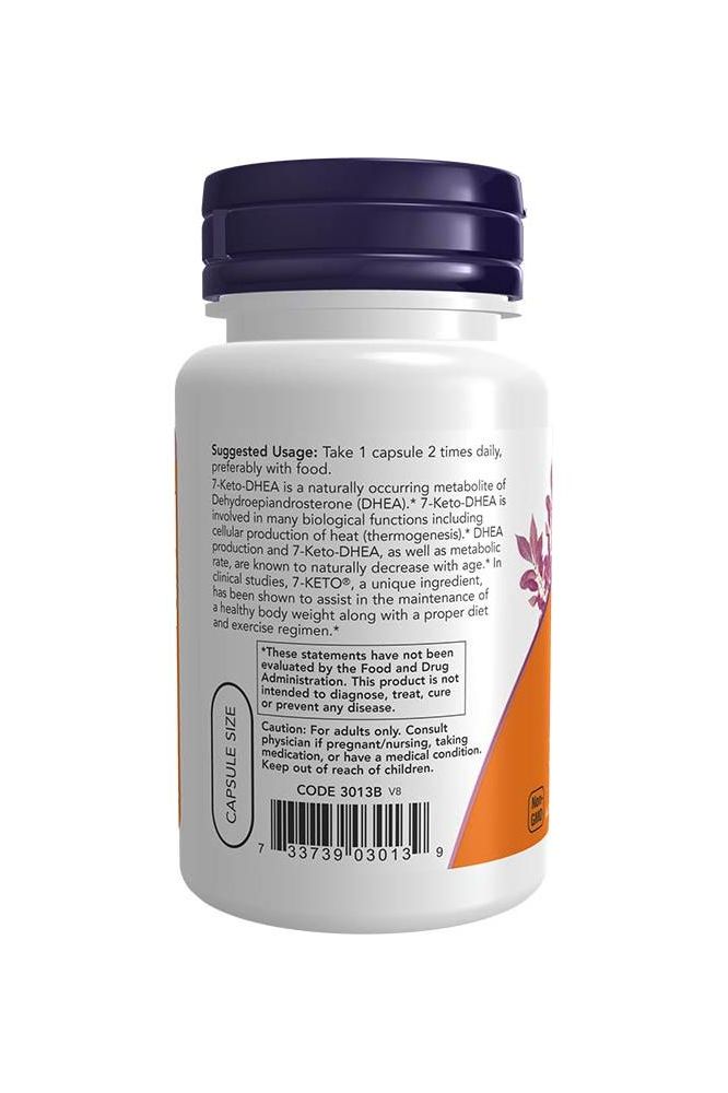 Now Foods 7-KETO 100 mg supplement bottle with usage instructions and ingredient details.