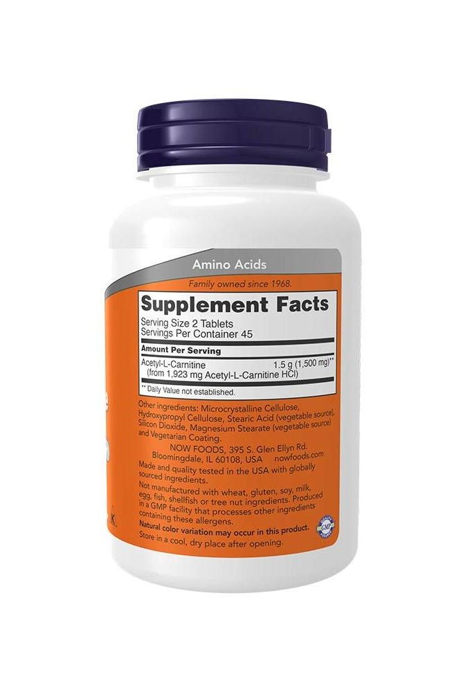 Now Foods Acetyl-L-Carnitine 750 mg supplement facts panel with serving size and ingredients information.