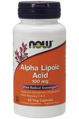 NOW Foods Alpha Lipoic Acid 100 mg supplement bottle with vitamins C & E, supports glutathione production, 60 veg capsules.