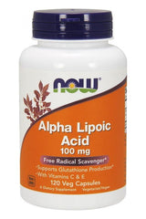 NOW Foods Alpha Lipoic Acid supplement bottle, 100 mg, with Vitamins C & E, supports glutathion production, 120 veg capsules