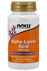 NOW Foods Alpha Lipoic Acid 250 mg supplement bottle with 60 vegetarian capsules.