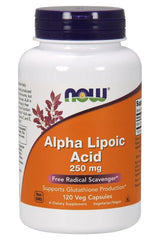 NOW Foods Alpha Lipoic Acid 250 mg dietary supplement with 120 veg capsules for antioxidant support.