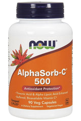 NOW Foods AlphaSorb-C 500: Buffered, bioavailable vitamin C supplement in 90 veg capsules for antioxidant protection.
