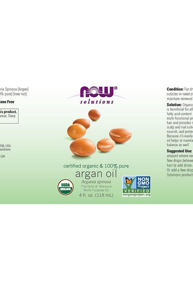 Now Foods organic argan oil label, 118 ml, showcasing advantages for hair, skin, and nails with certified quality.