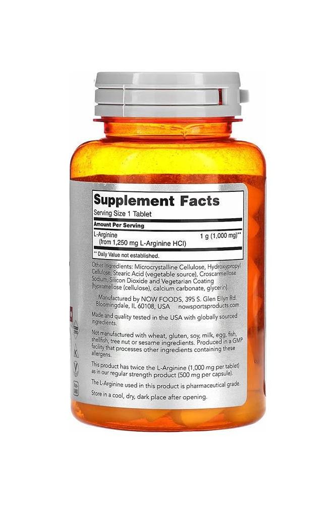 Now Foods Arginine 1000 mg supplement bottle with nutrition facts label.