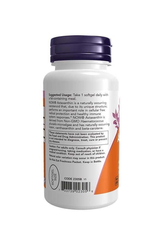 NOW Foods Astaxanthin 4 mg bottle back label with supplement details and usage instructions.