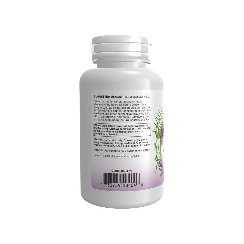 Back label of Now Foods Bamboo Silica Beauty capsules with usage directions and precautions.