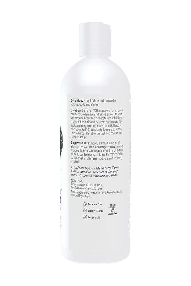 NOW Berry Full Shampoo bottle, 473 ml, designed for fine hair, enhances volume and shine with nourishing ingredients.