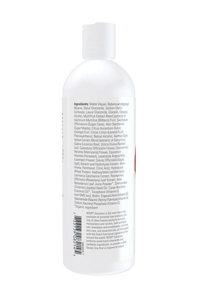 Now Foods Berry Full Shampoo bottle back label displaying ingredient list and benefits for fine hair.