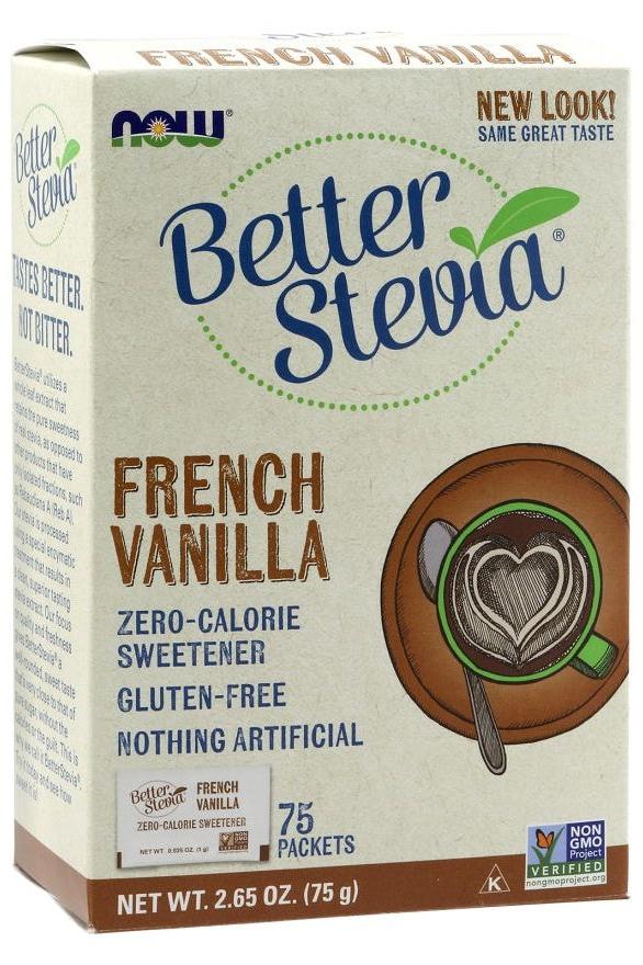 NOW Foods Better Stevia French Vanilla Packets, zero-calorie sweetener, gluten-free, 75 packets in a box.