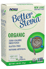 NOW Foods Better Stevia Packets, organic zero-calorie sweetener, gluten-free, 75 packets, natural sugar substitute.