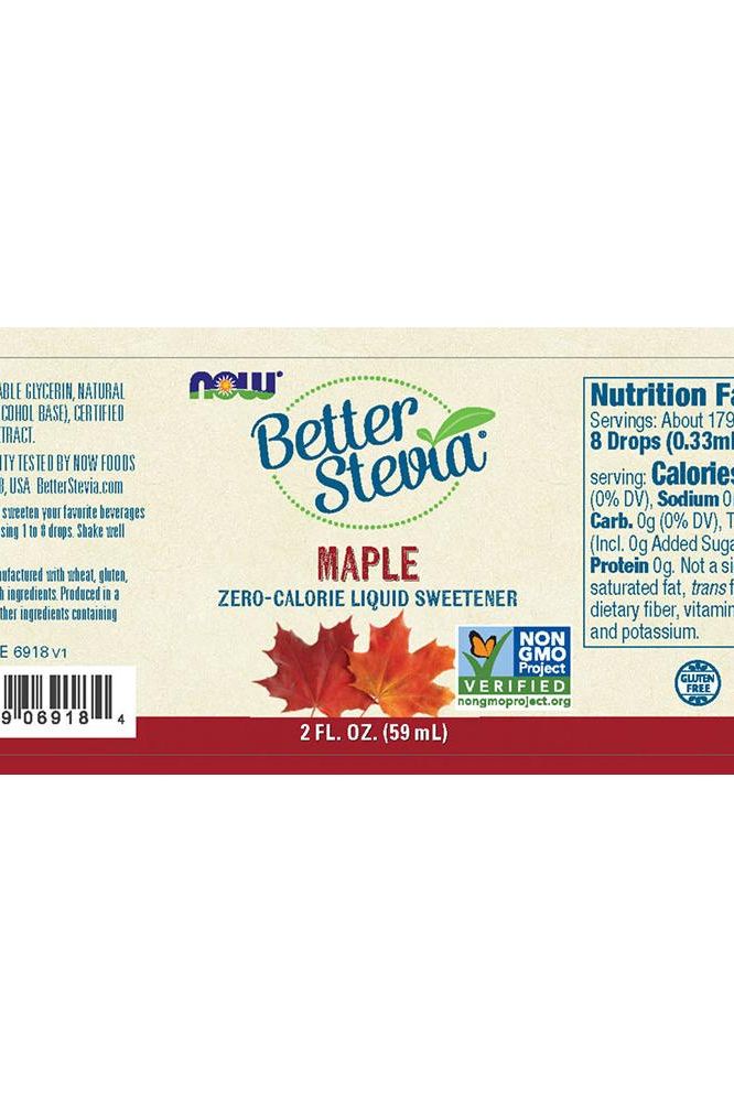 Now Foods BetterStevia Maple liquid sweetener label, zero-calorie, gluten-free, natural alternative to sugar.