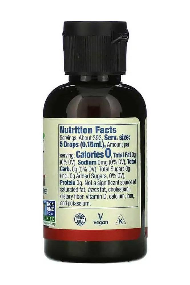 Nutrition facts label on a bottle of Now Foods BetterStevia liquid sweetener with zero calories and vegan certification.