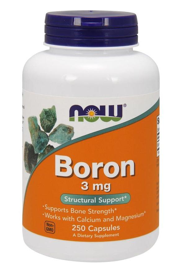 NOW Foods Boron supplement bottle, 250 capsules, supports bone strength and mineral metabolism.