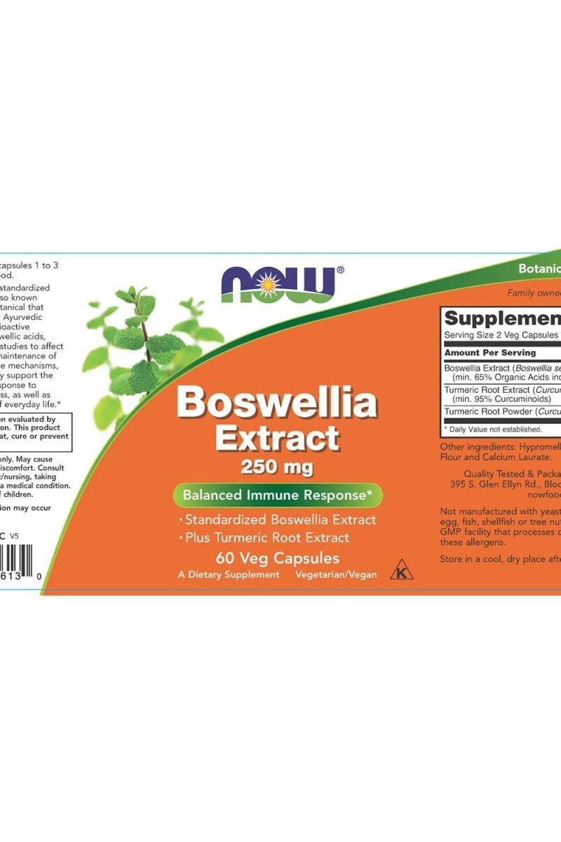 Now Foods Boswellia Extract 250 mg supplement label, featuring 60 veg capsules for immune support.