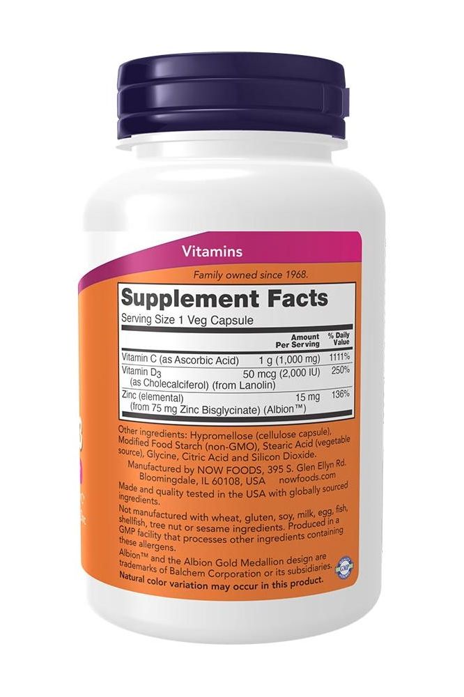 NOW Foods C-1000 Zinc & D-3 supplement facts label on a vitamin bottle, featuring key ingredients for immune support.