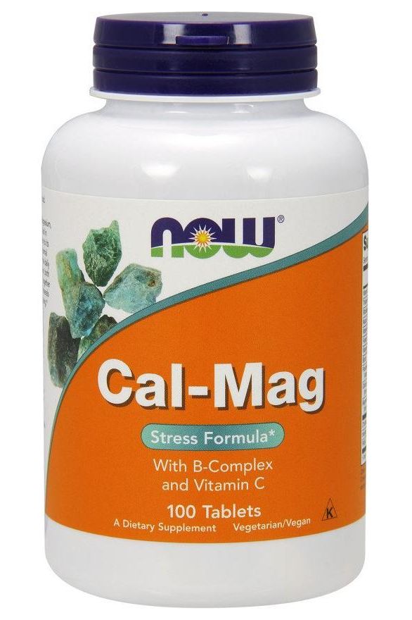NOW Foods Cal-Mag with B-Complex and Vitamin C supplements in a 100-tablet bottle.