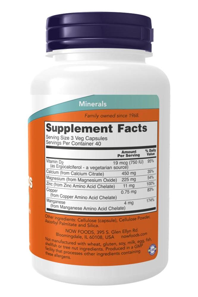 Now Foods Calcium Citrate Supplement Facts showing minerals for bone health and absorption in 120 veg capsules.