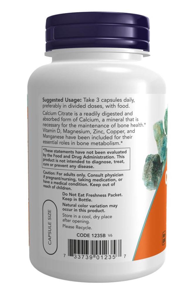 Now Foods Calcium Citrate Supplement Bottle Back with Usage Instructions and Mineral Information.