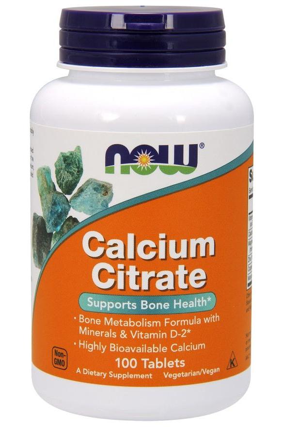 NOW Foods Calcium Citrate supplement bottle for bone health with minerals and Vitamin D-2, 100 tablets.