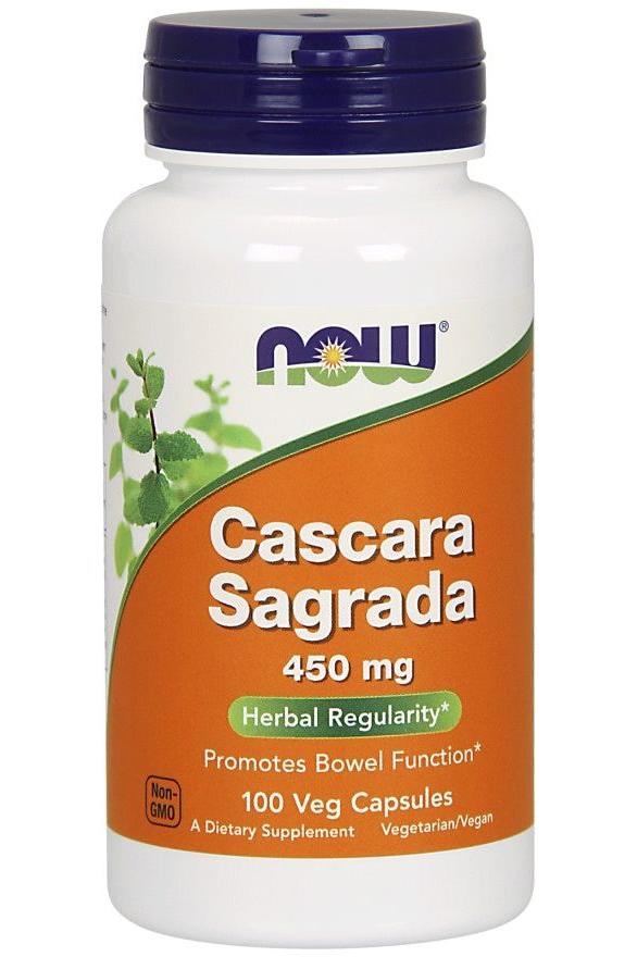NOW Foods Cascara Sagrada 450 mg bottle for promoting bowel function and herbal regularity, 100 vegetarian capsules.