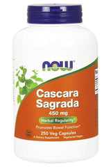 NOW Foods Cascara Sagrada 450 mg dietary supplement in a bottle, promoting bowel function and herbal regularity.