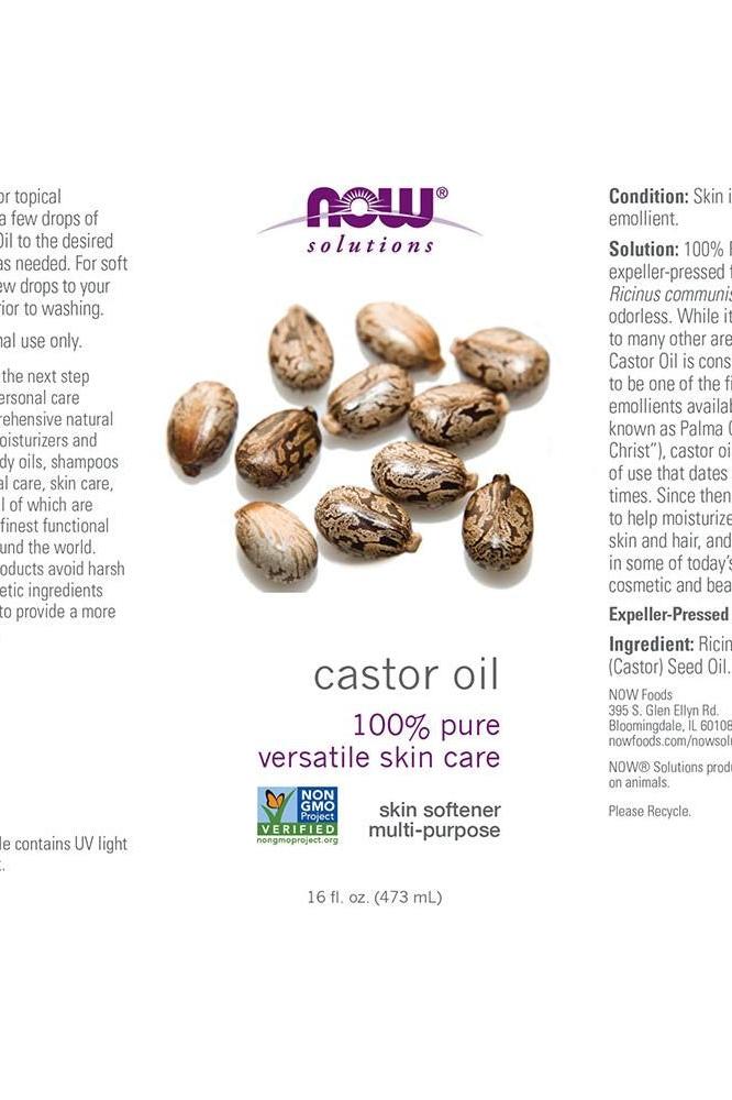 Now Foods Castor Oil label showcasing 100% pure versatile skin care with castor seeds and product details.
