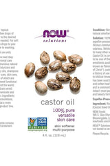 Now Foods Castor Oil label featuring 100% pure versatile skin care, multi-purpose natural oil.