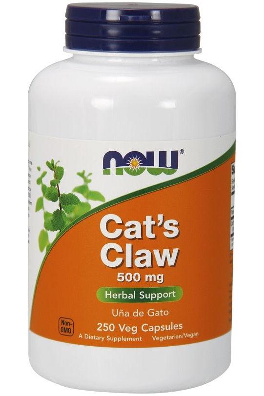 NOW Foods Cat's Claw 500 mg herbal supplement in a 250 veg capsules bottle.