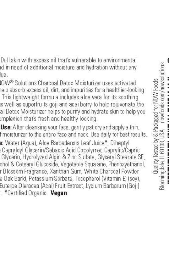 NOW Solutions Charcoal Detox Moisturizer 30 ml, absorbs excess oil, hydrates skin with goji and acai, vegan and organic ingredients.