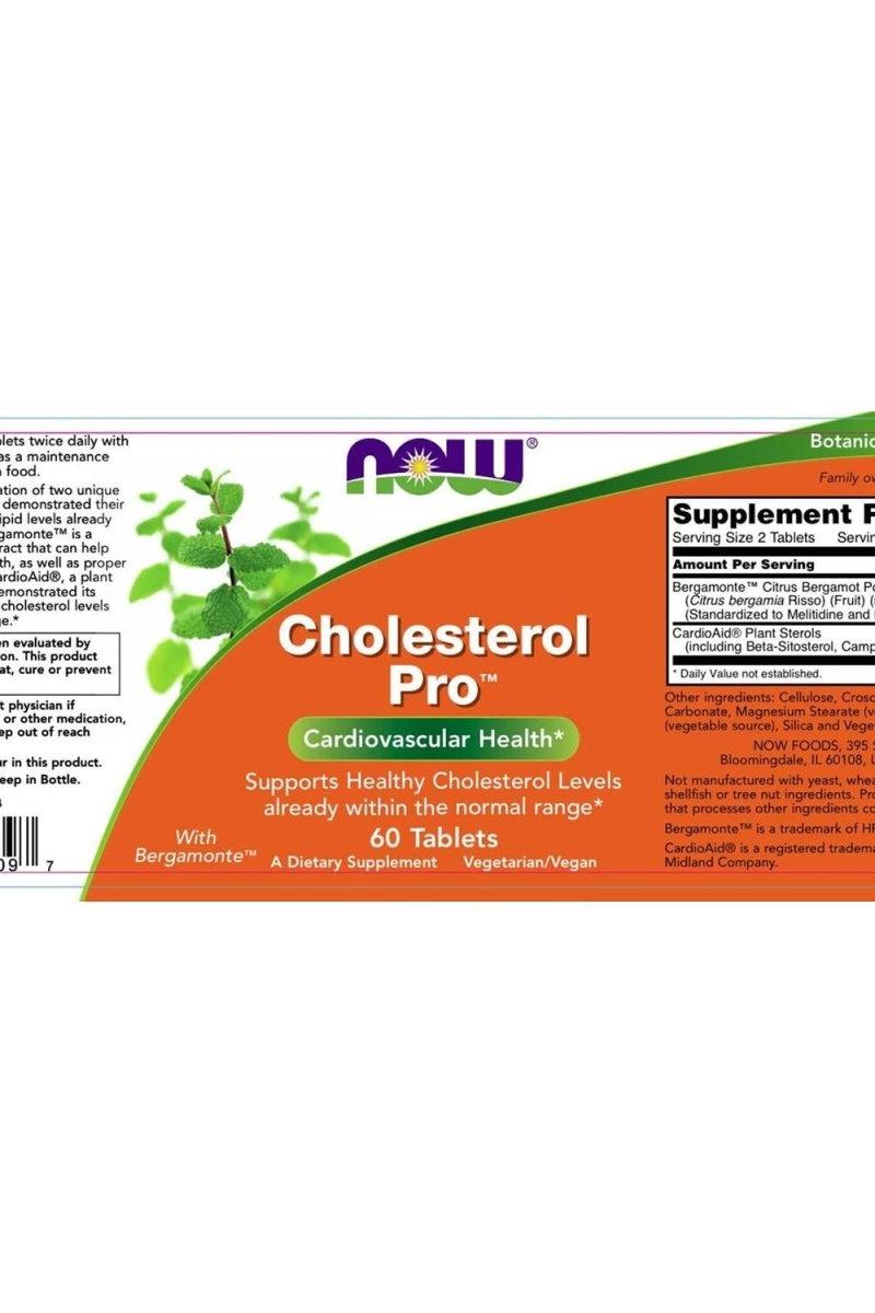 Now Foods Cholesterol Pro dietary supplement label, supports healthy cholesterol levels and cardiovascular health.