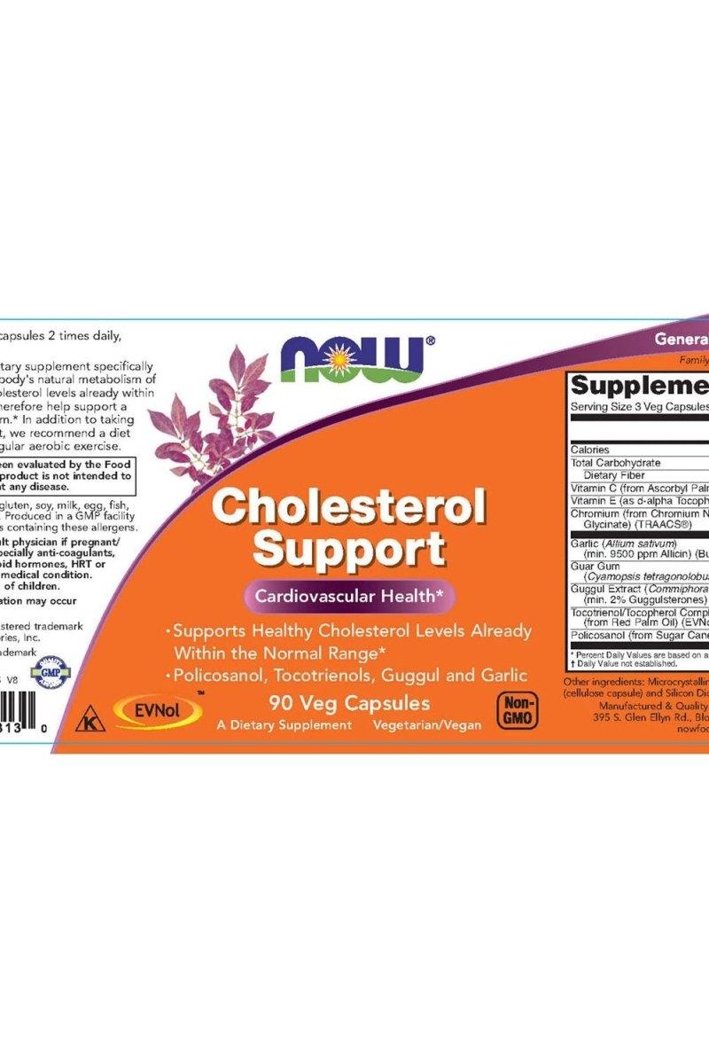 Now Foods Cholesterol Support 90 Veg Capsules label shows benefits for healthy cholesterol levels.