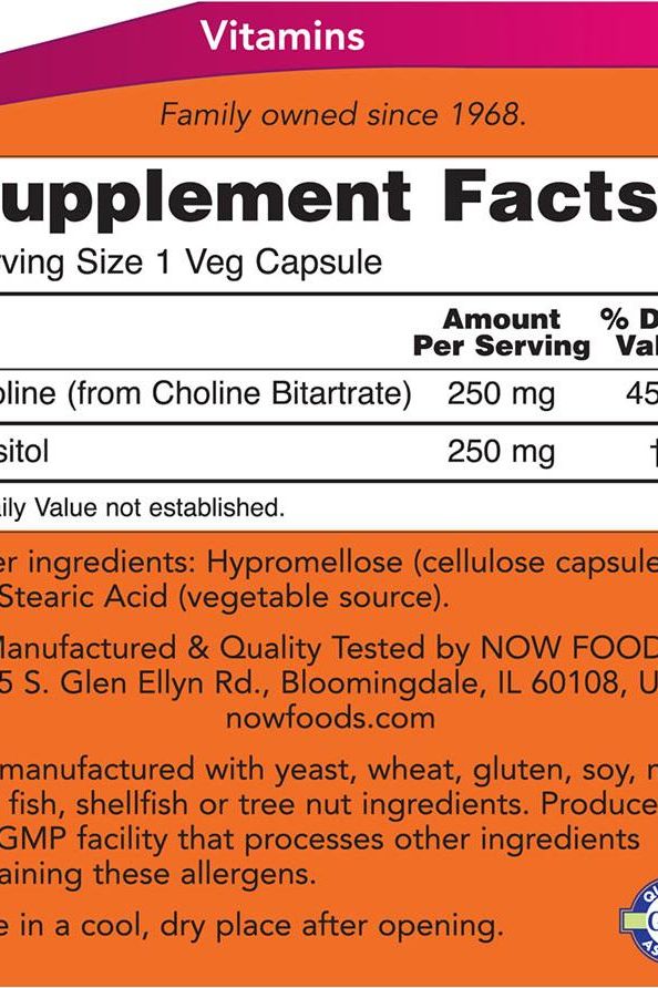 NOW Foods Supplement Facts for Choline & Inositol 500 mg capsules listing ingredients and serving size.