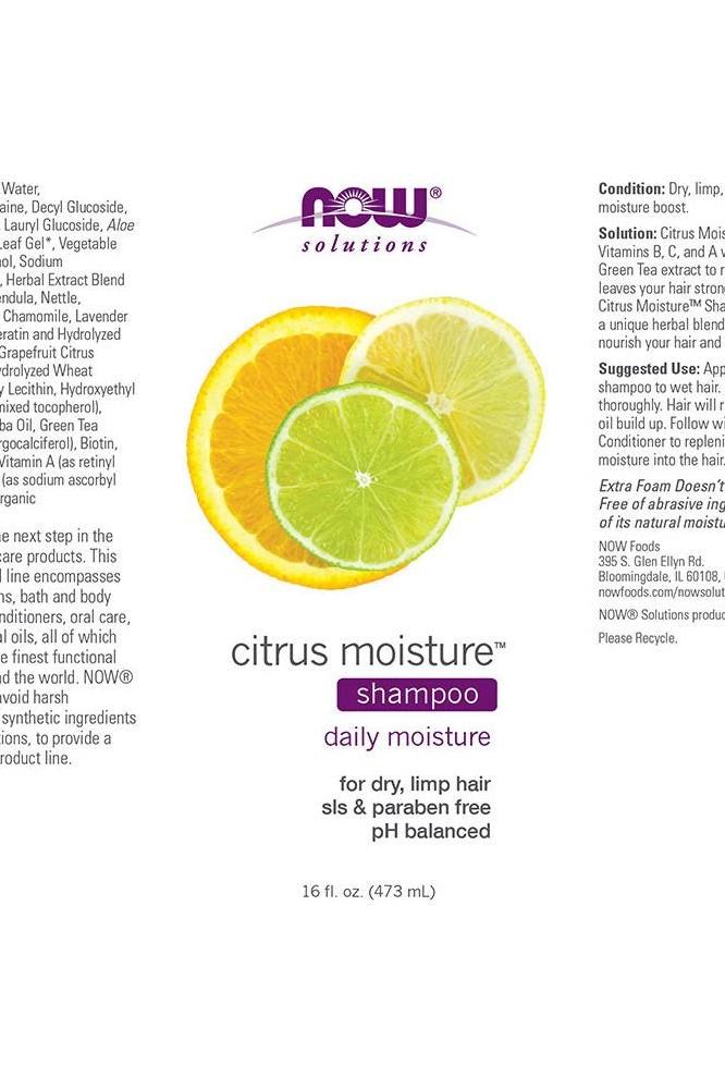 Now Foods Citrus Moisture Shampoo for dry hair, featuring citrus slices, 473 ml, sulfate and paraben free, nourishing formula.