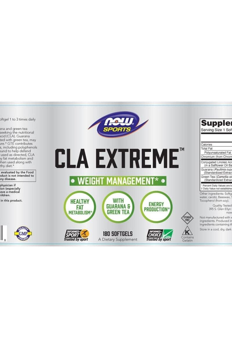 Packaging for Now Foods CLA Extreme 180 softgels with Guarana and Green Tea for weight management.