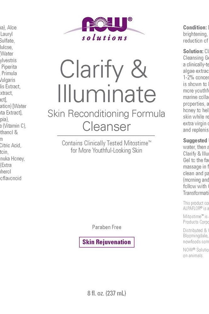 Now Foods Clarify & Illuminate Cleanser 236 ml, skin reconditioning facial gel for youthful glow and hydration.