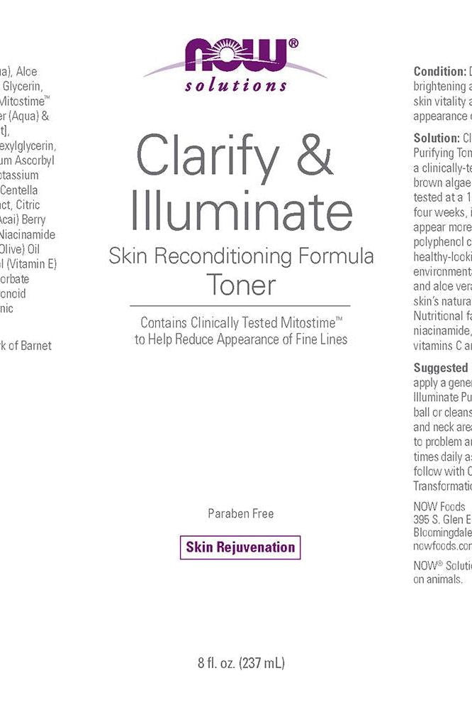 NOW Clarify & Illuminate Toner 236ml - Skin reconditioning formula, reduces fine lines, paraben free.