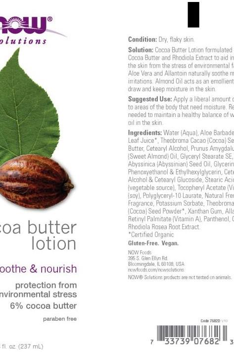 NOW Cocoa Butter Lotion label highlighting benefits of 6% cocoa butter for skin protection and nourishment.