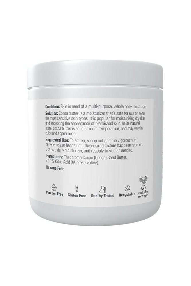 Now Foods Cocoa Butter 207 ml jar, a multi-purpose moisturizer for dry skin, suitable for sensitive skin types.