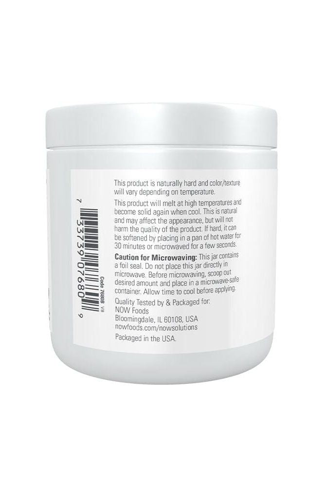 Back of NOW Foods Cocoa Butter container with usage instructions and caution for microwaving.