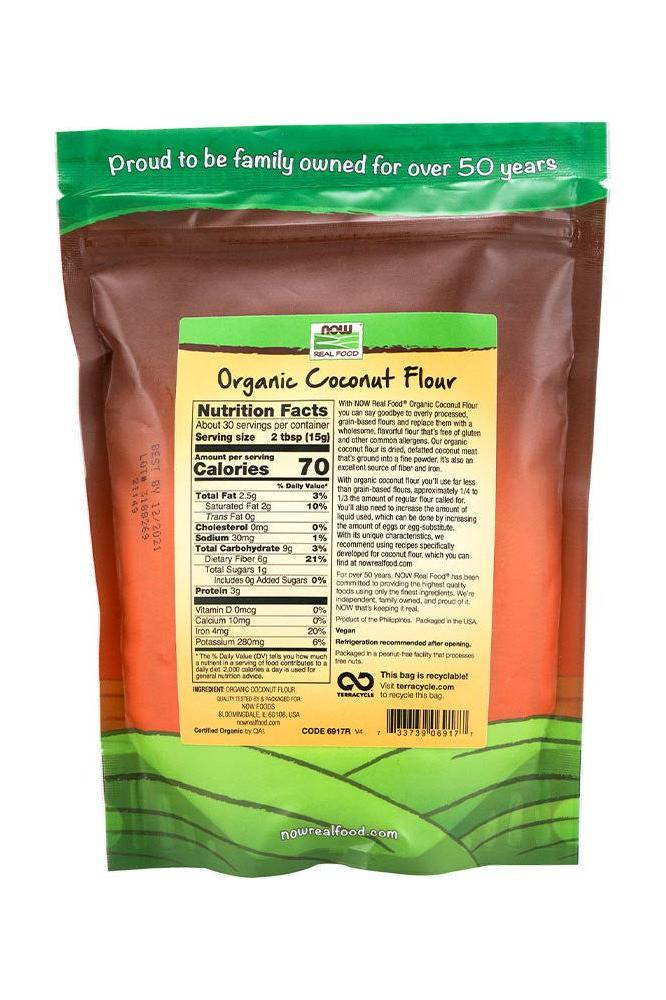 Now Foods organic coconut flour package with nutrition facts. Healthy, gluten-free baking alternative.