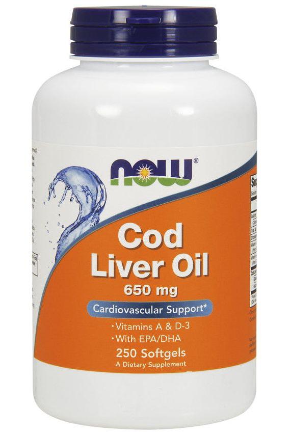 NOW Foods Cod Liver Oil supplement bottle with omega-3, vitamins A and D-3, and 250 softgels.